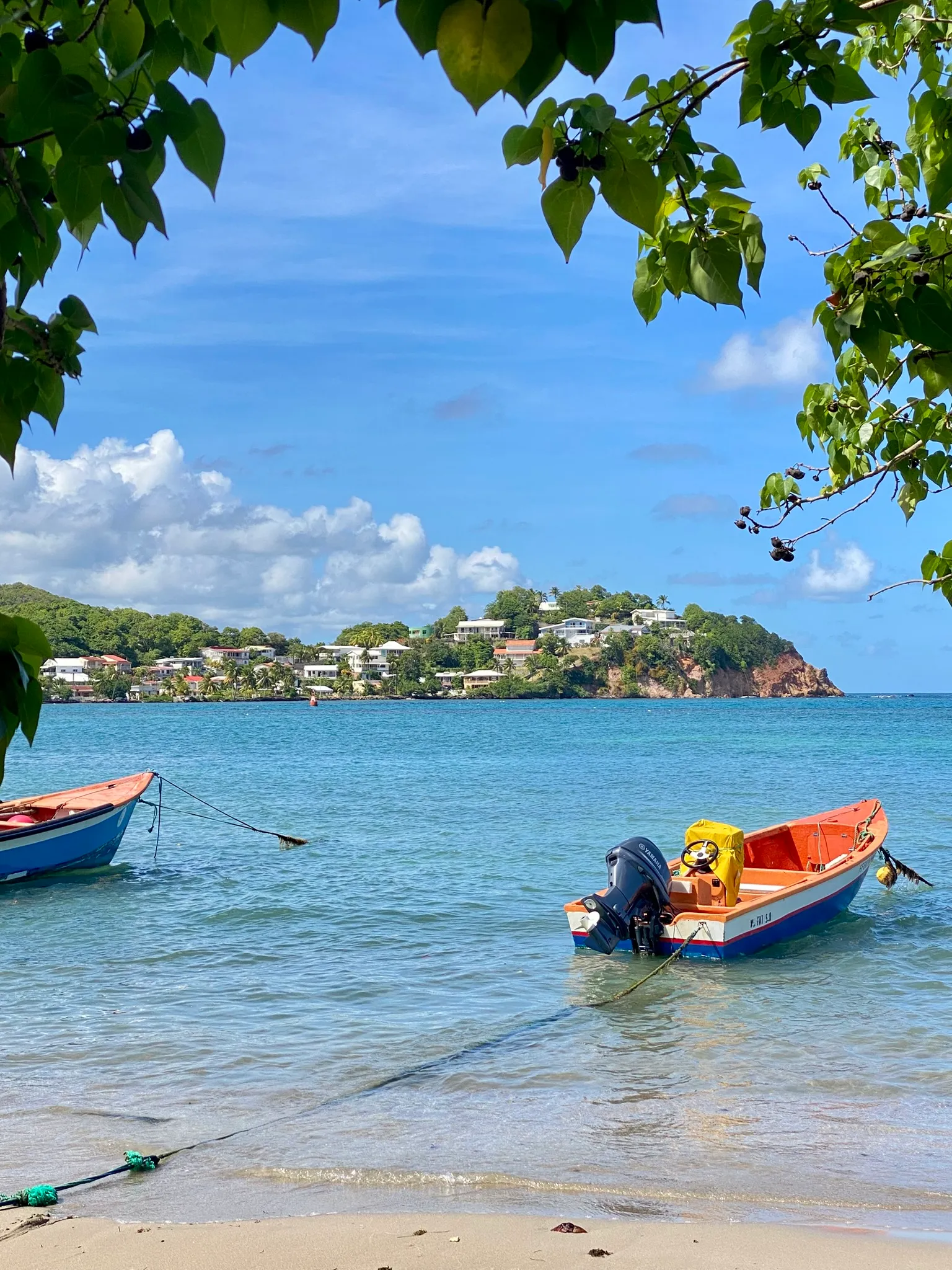 Barques de pêcheurs dans la baie de Tartane, le village en arrière-plan.